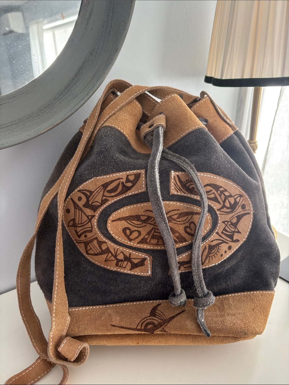 Suede Drawstring Crossbody Bag in Brown and gray